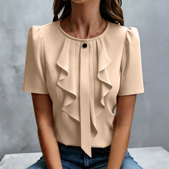 ClodeEU Women's Short Sleeve Crewneck Pleated Blouse with Ruffle Hem ,Business Casual Office Top Khaki,Women's Plus XXL