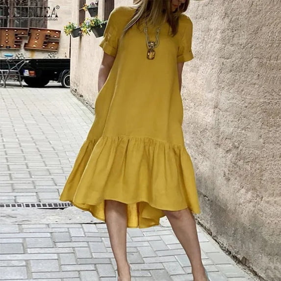 ClodeEU Women's Short Sleeve Crewneck Ruffle Hem T-Shirt Dress,Casual Round Neck Flowy Midi Dress Yellow,Women's Plus L