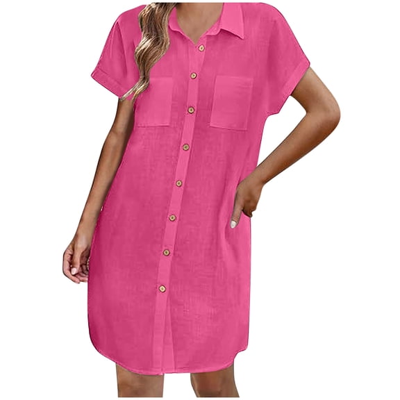ClodeEU Women's Short Sleeve Lapel Collared Dress,Button-Down Shirt Dress, Cotton Linen Mini Dress Hot Pink,Womens Plus M