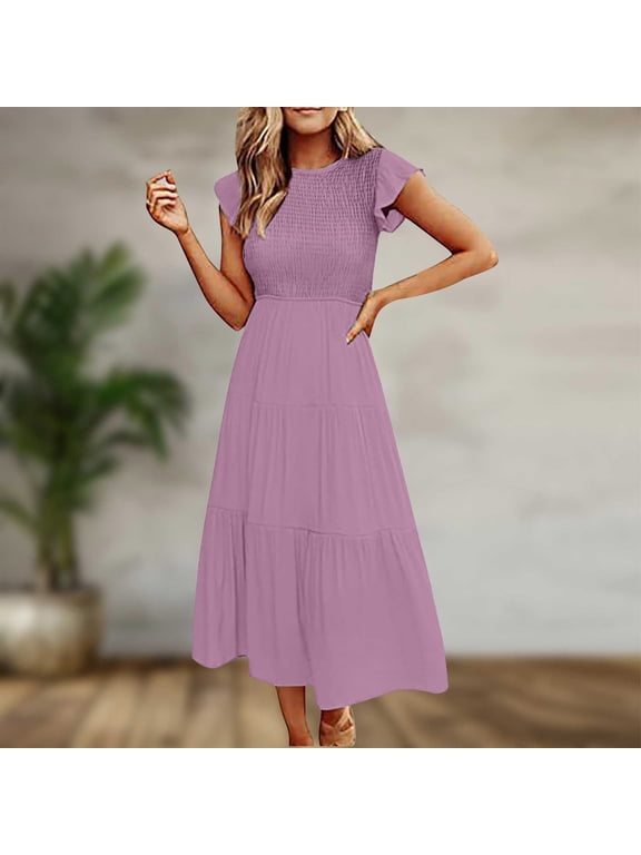 U Women’s Short Sleeve Round Neck A Line Maxi Dress, Casual Solid Color Flowy Long Dress Purple,Women's Plus M