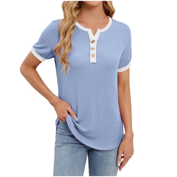 ClodeEU Women's Short Sleeve Round Neck T-Shirt ,Solid Color Casual Top for Summer Light Blue,Womens Plus L