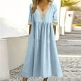 thumbnail image 1 of ClodeEU Women's Short Sleeve V Neck Flared Midi Dress with Lace Trim ,Casual Tunic Waist Summer Dress B-Light Blue,Womens Plus L, 1 of 6