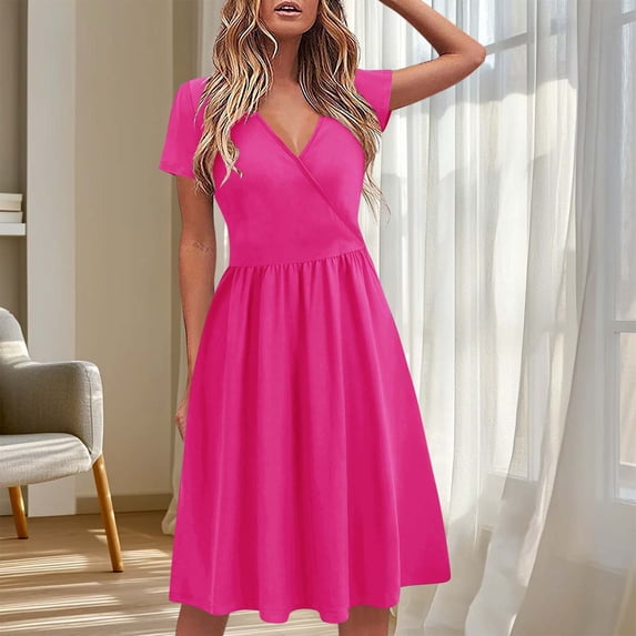 ClodeEU Women's Short Sleeve V Neck Wrap Dress,Summer Casual Floral Vacation Midi Dress Flowy Tiered Beach Dresses Hot Pink,Womens Plus L