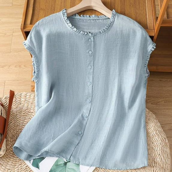 ClodeEU Women's Short Sleeved Shirt,Folded edge Shirts ,Temperament Single Breasted Shirt Blue,Womens Plus L