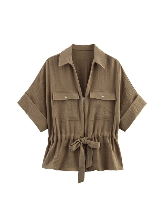 Women's Short Sleeved Shirt, Zipper Shirts, Drawstring Hem, Casual Sports Top Brown,Womens Plus L