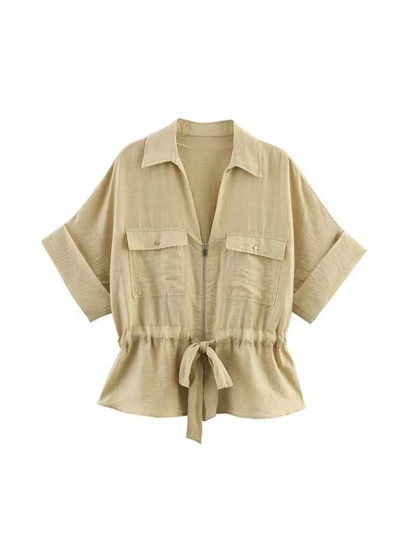 Women's Short Sleeved Shirt, Zipper Shirts, Drawstring Hem, Casual Sports Top Khaki,Womens Plus S