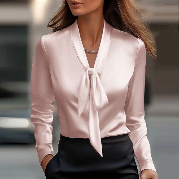 ClodeEU Women's Silk Blouse,Long Sleeve V Neck Shirt With Tie,Elegant Satin Tops Pink,Womens Plus L
