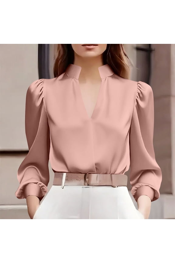 Women's Silk Satin Long Sleeve Stand Collar V Neck Blouse, Casual Business Work Tunic Shirts Watermelon Red,Womens Plus M