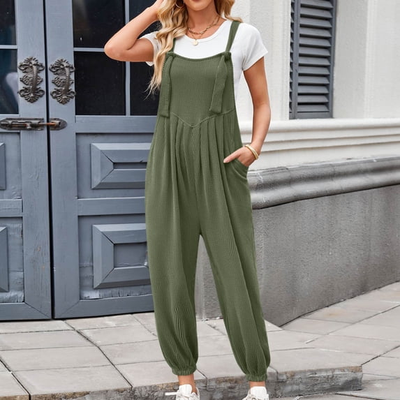 ClodeEU Women's Sleeveless Adjustable Straps Jumpsuits,Loose Harem Bib Jumpsuits with Pockets Army Green,Womens Plus M