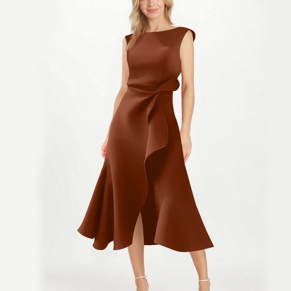 ClodeEU Women's Sleeveless Asymmetrical Ruffle Hem Midi Dress, Ruched Waist Bodycon Party Dress Coffee,Women's Plus L