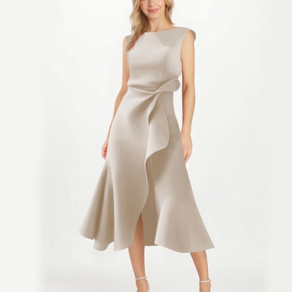 ClodeEU Women's Sleeveless Asymmetrical Ruffle Hem Midi Dress, Ruched Waist Bodycon Party Dress Khaki,Women's Plus XL