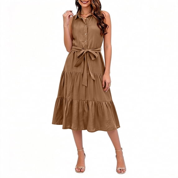 ClodeEU Women's Sleeveless Button Down Shirt Dress with Waist Belt, Casual Flowy Midi Dress Khaki,Women's Plus L