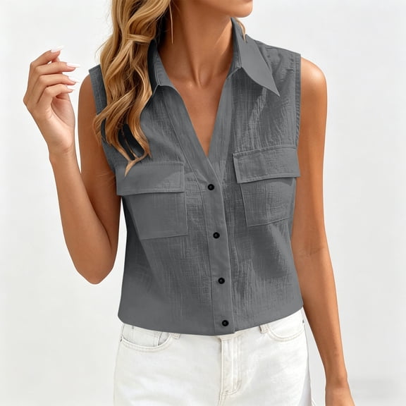ClodeEU Women's Sleeveless Button Down Shirt with Collar, Casual Vest Top with Chest Pockets Gray,Women's Plus XL