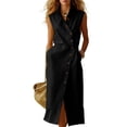 thumbnail image 1 of ClodeEU Women's Sleeveless Collared Linen Blend Midi Shirt Dress,Button Front Wrap Dress with Pockets Black,Women's Plus L, 1 of 6