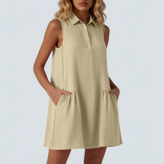 ClodeEU Women's Sleeveless Collared Shirt Dress, Casual Solid Color Ruffled Hem Tunic Mini Dress Khaki,Women's Plus XL