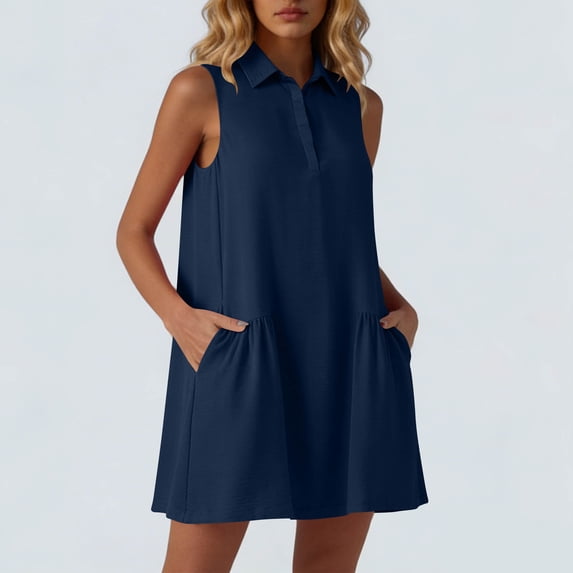 ClodeEU Women's Sleeveless Collared Shirt Dress, Casual Solid Color Ruffled Hem Tunic Mini Dress Navy,Women's Plus S