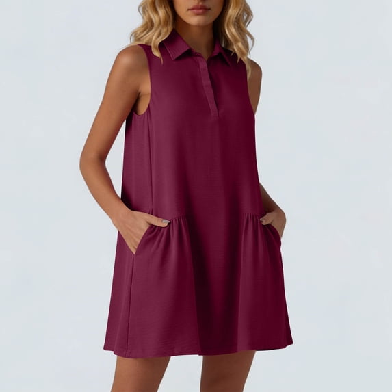 ClodeEU Women's Sleeveless Collared Shirt Dress, Casual Solid Color Ruffled Hem Tunic Mini Dress Wine,Women's Plus XL