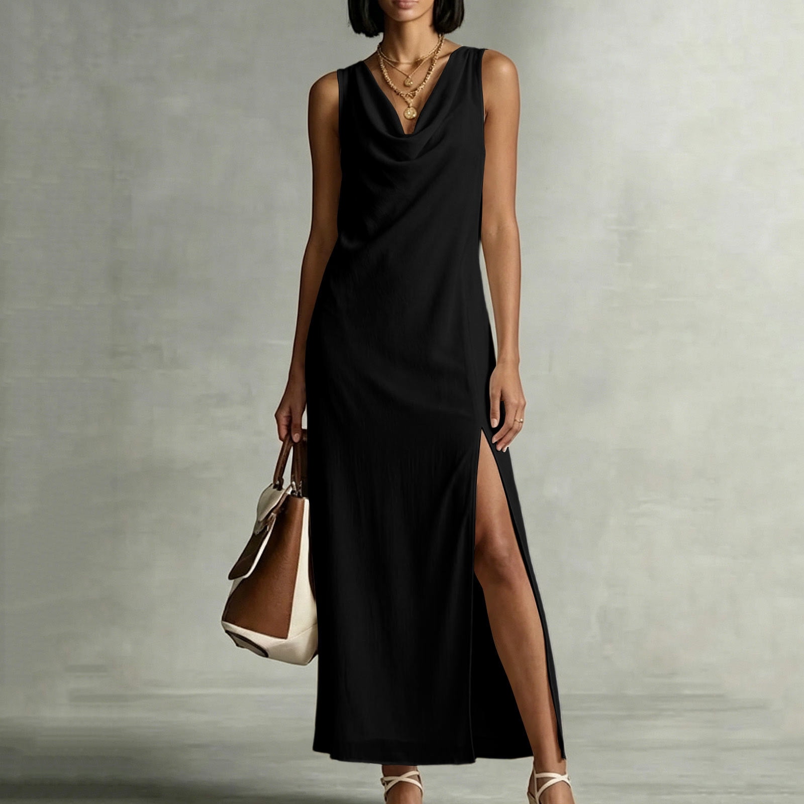 ClodeEU Women's Sleeveless Cowl Neck Midi Dress,Casual Slip Dress with Side Slit Navy,Women's Plus XXL