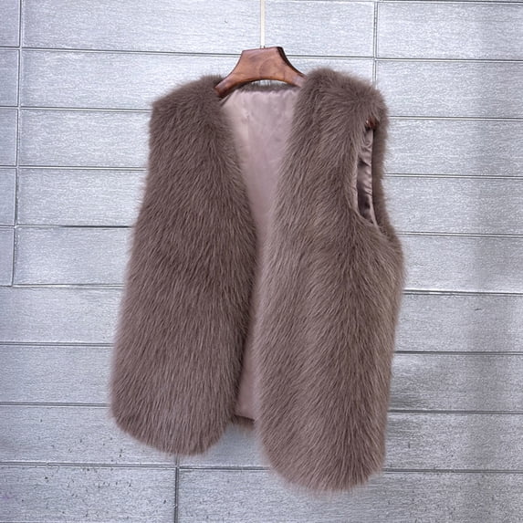 ClodeEU Women's Sleeveless Faux Fur Short Jacket,No Closure Pluash Loose Soft Cozy Trendy Vest Coffee,Womens Plus L
