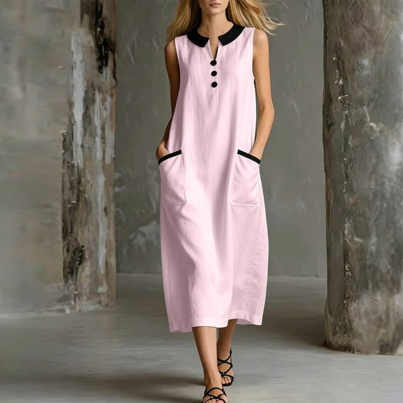 ClodeEU Women's Sleeveless Peter Pan Collar Contrast Trim Midi Dress, Casual A-Line Sundress with Pockets Pink,Women's Plus M