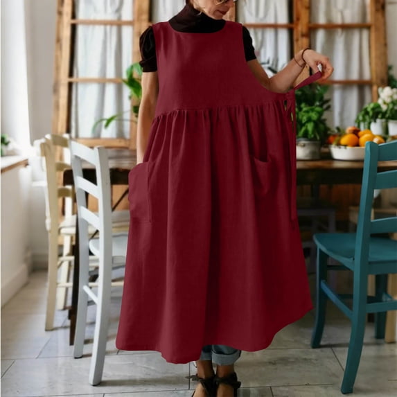 ClodeEU Women's Sleeveless Round Neck Linen Blend Maxi Dress with Pockets, Casual Loose A-Line Long Dress Red,Women's Plus S