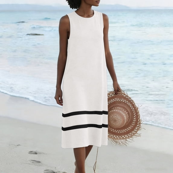 ClodeEU Women's Sleeveless Round Neck Striped Dress,Casual Summer Tank Beach Vacation Sundress Dress White,Womens Plus XL