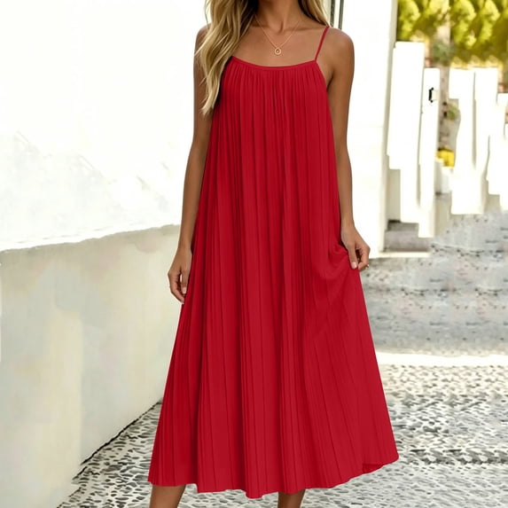 ClodeEU Women's Sleeveless Spaghetti Strap A Line Midi Dress,Casual Flowy Loose Vacation Dress Red,Women's Plus XL