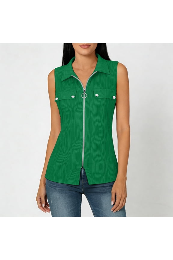 Women's Sleeveless V Neck Blouse with Zip-Front and Button ,Textured Casual Top Green,Womens Plus XXL