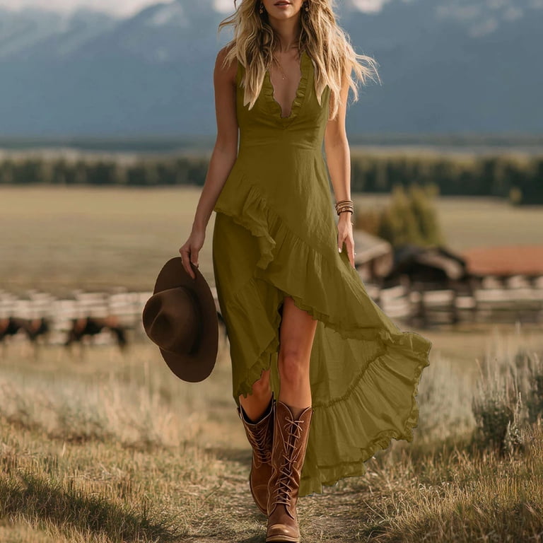 asymmetrical tiered maxi dress ClodeEU Women's Sleeveless V Neck Bohemian Dress, Flowy Sundress Army Green^,Women's Plus XL Long-Term DG's Top 10 FAV Size:2XSmall