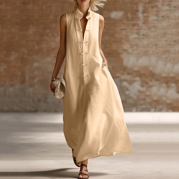 ClodeEU Women's Sleeveless V Neck Button Down Maxi Dress,Casual Loose Shirt Dress with Pockets Khaki,Women's Plus L