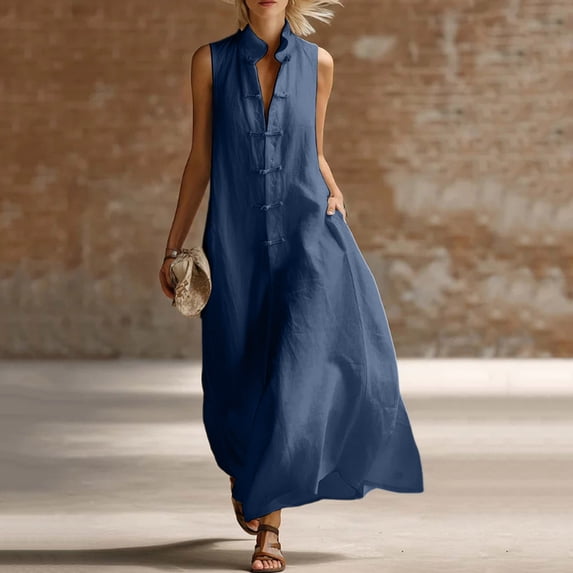ClodeEU Women's Sleeveless V Neck Button Down Maxi Dress,Casual Loose Shirt Dress with Pockets Navy,Women's Plus M