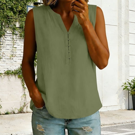 ClodeEU Women's Sleeveless V Neck Linen Blouse, Casual Loose Fit Breath Summer Tank Top Green,Women's Plus XXL