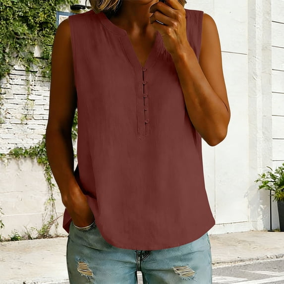 ClodeEU Women's Sleeveless V Neck Linen Blouse, Casual Loose Fit Breath Summer Tank Top Red,Women's Plus L