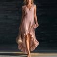 thumbnail image 1 of ClodeEU Women's Sleeveless V Neck Linen Ruffle Hem High Low Maxi Dress,Trendy Boho Summer Sundress Pink,Women's Plus L, 1 of 7