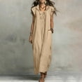 thumbnail image 1 of ClodeEU Women's Sleeveless V Neck Ruff Trim Maxi Dress,Casual Loose Linen Sundress with Pockets Beige,Women's Plus M, 1 of 8