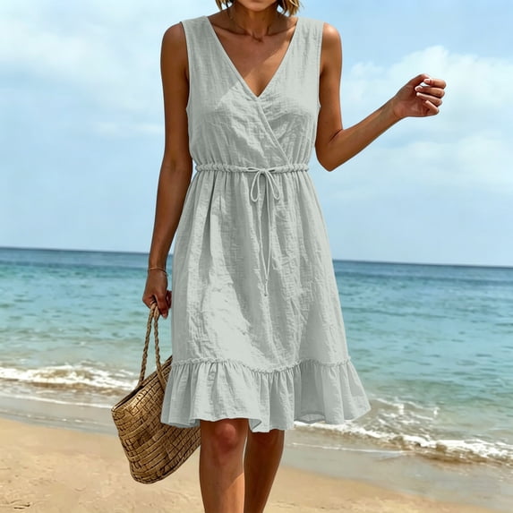 ClodeEU Women's Sleeveless V Neck Ruffle Hem Midi Dress,Casual Drawstring Waist Flowy Sundress Gray,Women's Plus XL