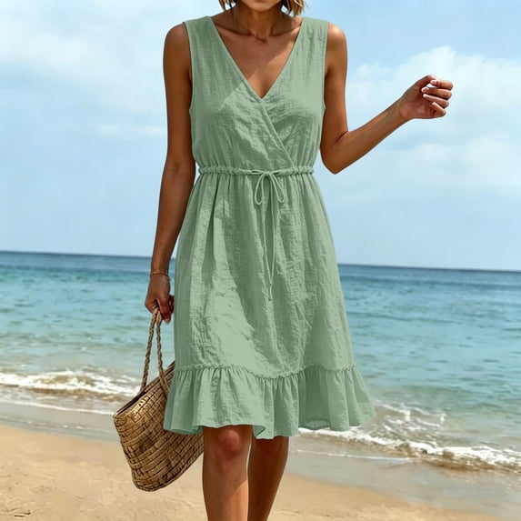 ClodeEU Women's Sleeveless V Neck Ruffle Hem Midi Dress,Casual Drawstring Waist Flowy Sundress Green,Women's Plus M