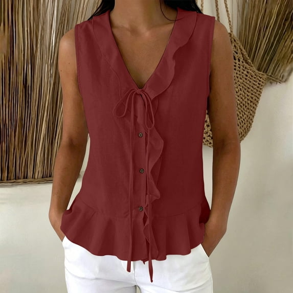 ClodeEU Women's Sleeveless V Neck Tie Button Top with Ruffle Trim, Solid Color Casual Summer Blouse Red,Women's Plus L