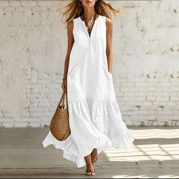 ClodeEU Women's Sleeveless V Neck Tiered Ruffle Maxi Dress with Pockets,Casual Loose Flowy Swing Dress White,Women's Plus M