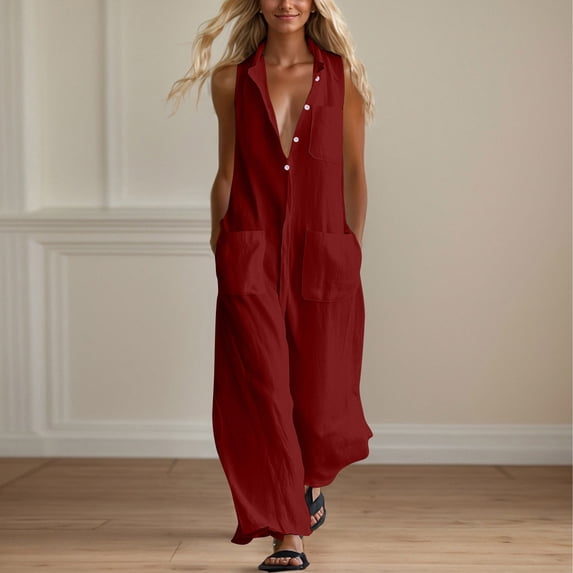 ClodeEU Women's Sleeveless Wide Leg Jumpsuit,Button Down Casual Linen Romper with Pockets Red,Women's Plus L