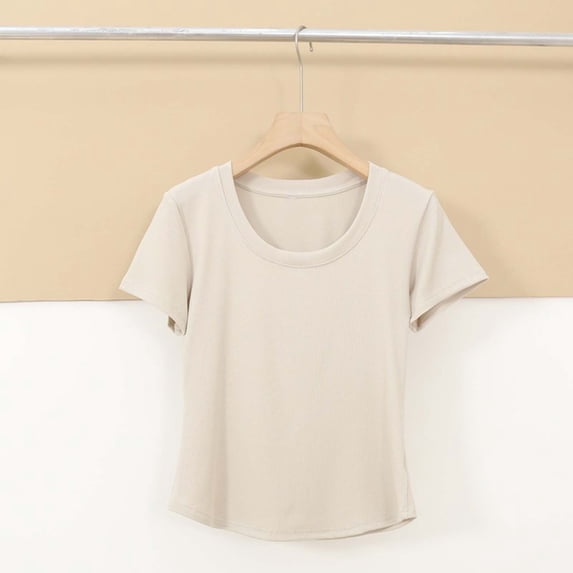 ClodeEU Women's Slim Fit Short Sleeve Crewneck T Shirt, Solid Color Casual Spring Summer Tee Beige,Womens Plus M