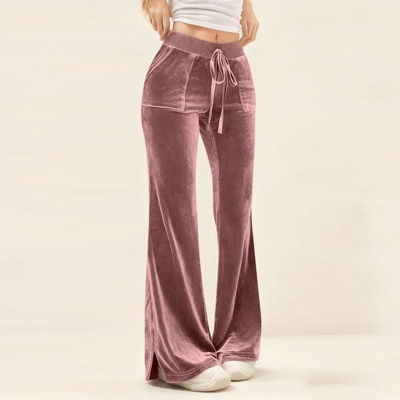 ClodeEU Women's Soft Velvet Pants With Pockets,Drawstring Elastic Waist Flare Leg Sweatpants Pink,Womens Plus XXL