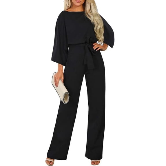 ClodeEU Women's Solid Color 3/4 Sleeve Crewneck Jumpsuit with Waist Belt ,Loose Fit Casual Long Romper Black,Women's Plus M