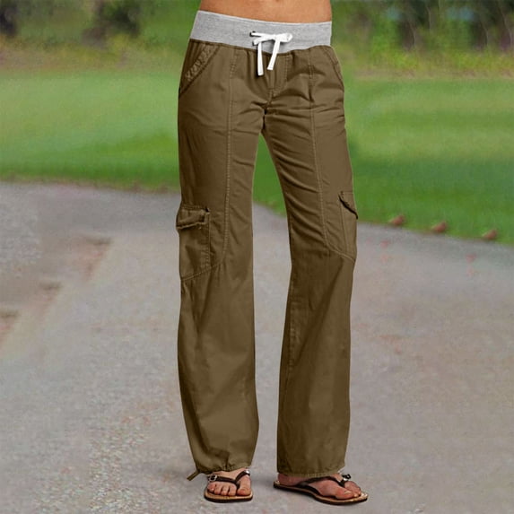 ClodeEU Women's Solid Color Cargo Pants with Pockets,Straight Leg Casual Loose Fit Athletic Long Trousers Khaki,Womens Plus M
