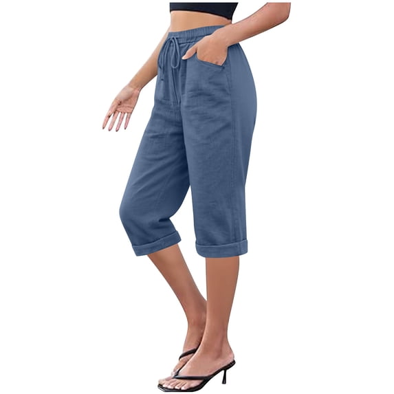 ClodeEU Women's Solid Color Drawstring Elastic Waist Faux Linen Capri Pants,Casual Cropped Trousers Blue,Womens Plus S