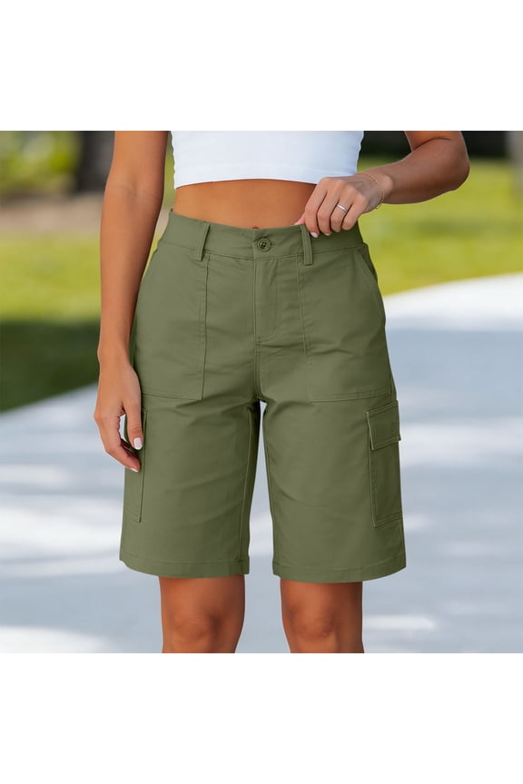 Women's Solid Color Elastic Waist Cargo Shorts with Button and Pockets ,Casual Utility Shorts Army Green,Womens Plus M