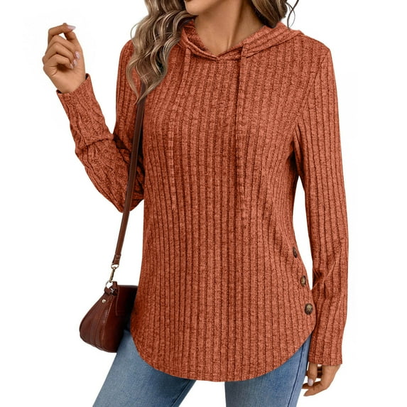 ClodeEU Women's Solid Color Hooded , Drawstring Long Sleeved Button Up Sweatshirt , With Curved Hem Orange,Womens Plus M