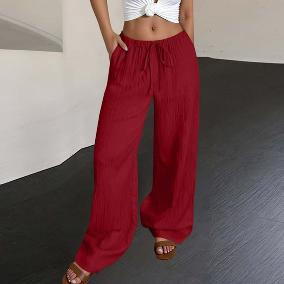 ClodeEU Women's Solid Color Pants,Fashionable Lace Up Elastic Waist Sports Pants,Leisure Wave Wrinkled Pocket Pants Wine,Womens Plus L