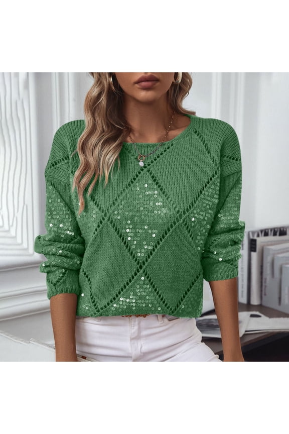 Women's Solid Color Pullover, Fashionable Hollow Sequin Knit Sweater, Long Sleeved Round Neck Sweaters Top Green,Womens Plus M