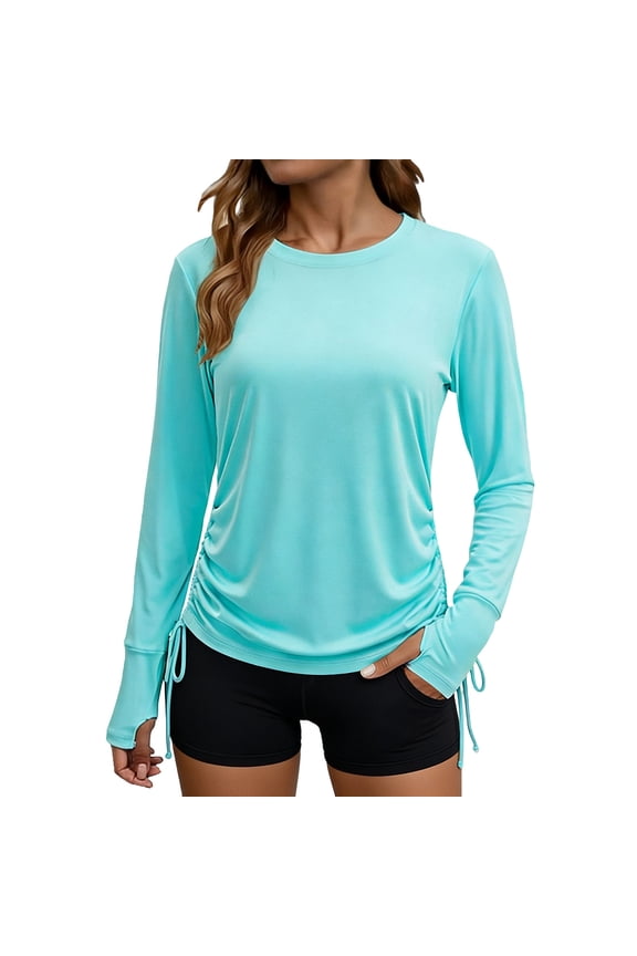 Women's Solid Color UV Protection Long Sleeve Top ,Round Neck T Shirt with Thumb Holes and Side Drawstring Light Blue,Womens Plus XXL